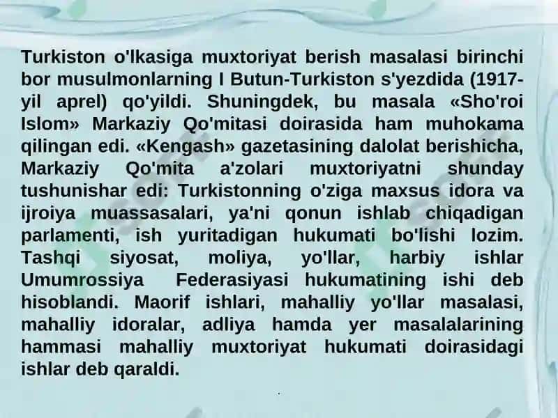 Turkiston muxtoriyatining tashkil topishi 3