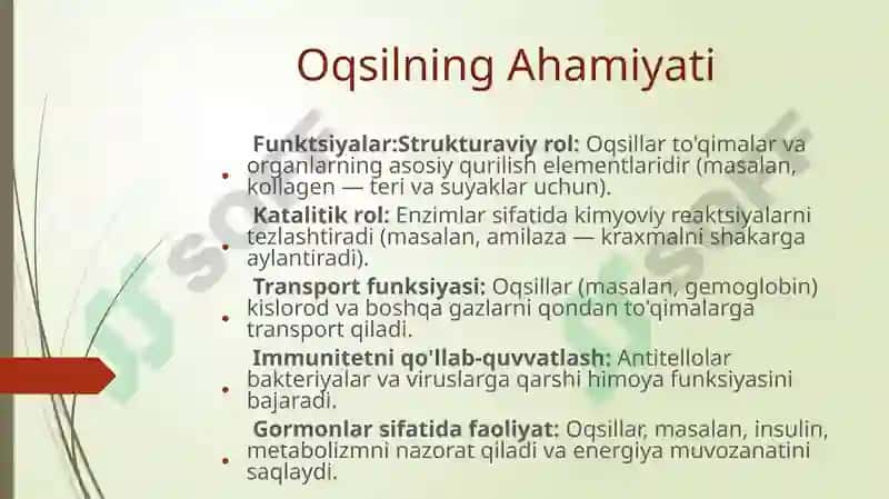 Oqsilmoddalarning ahamiyati biokimyofani 3