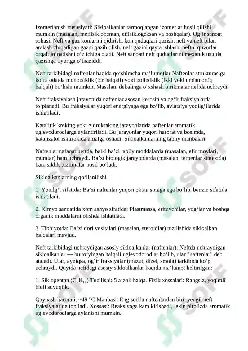 Neft tarkibidagi sikloalkanlar (naftenlar). sikloalkanlarning xossalari 3