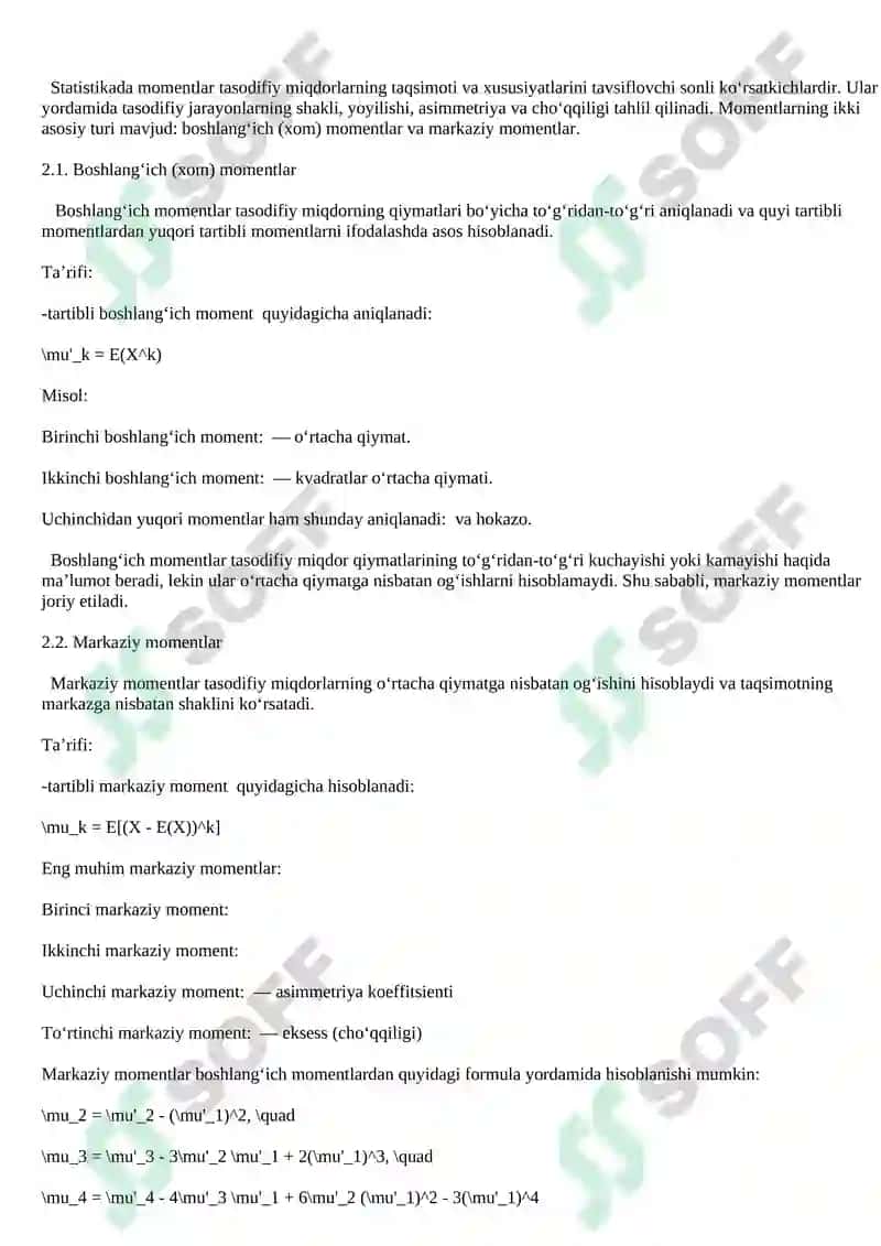 Tasodifiy miqdorlar va momentlar 3