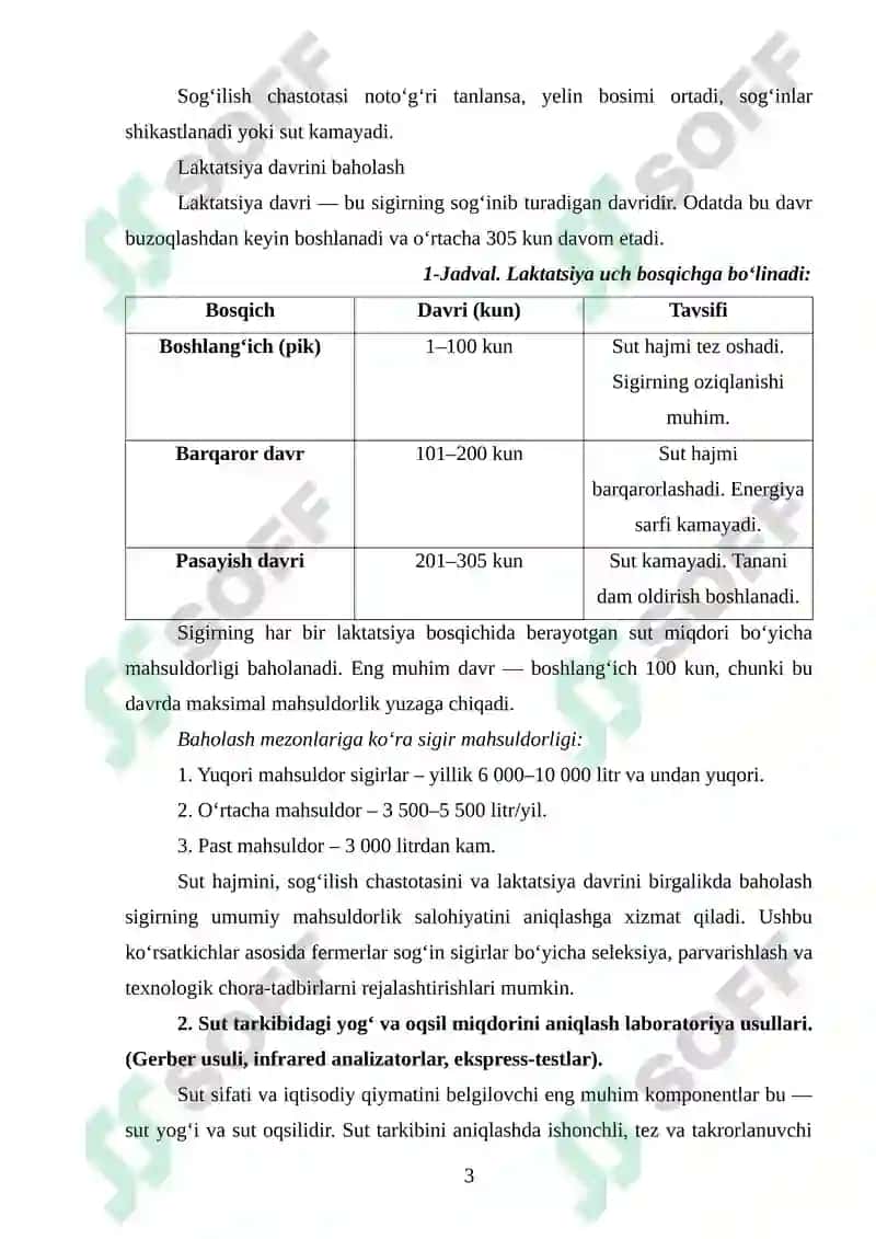 Sigirlarning sut mahsulotini, sutning yog'i va oqsilini hisobga olish va baholash 3