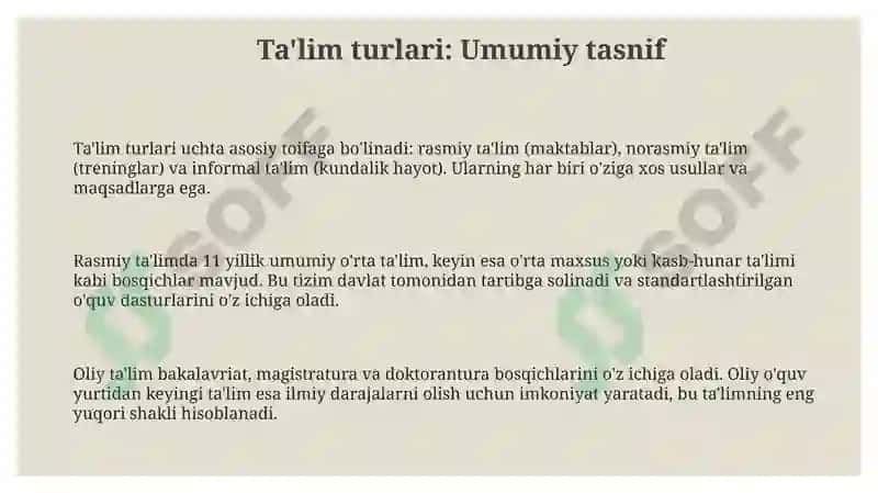 Ta'lim Turlari: Rasmiy, Norasmiy va Informal 3