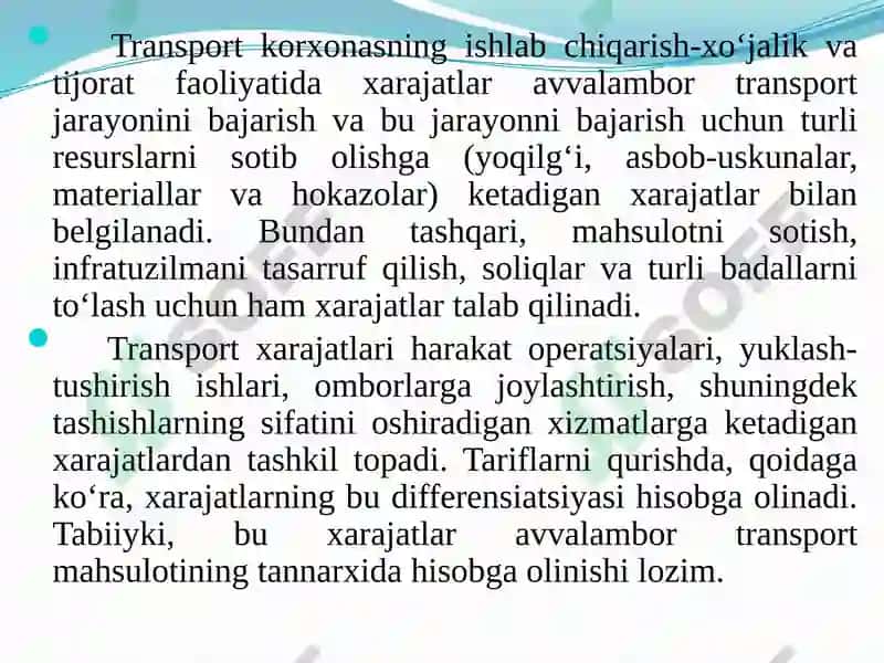 Transport Xarajatlari va Tariflari 3