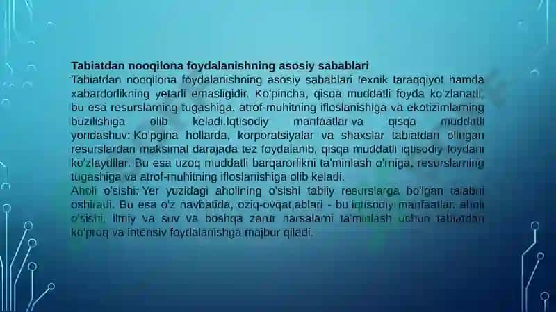Tabiatdan nooqilona foydalanishning oqibatlarini baholash 3