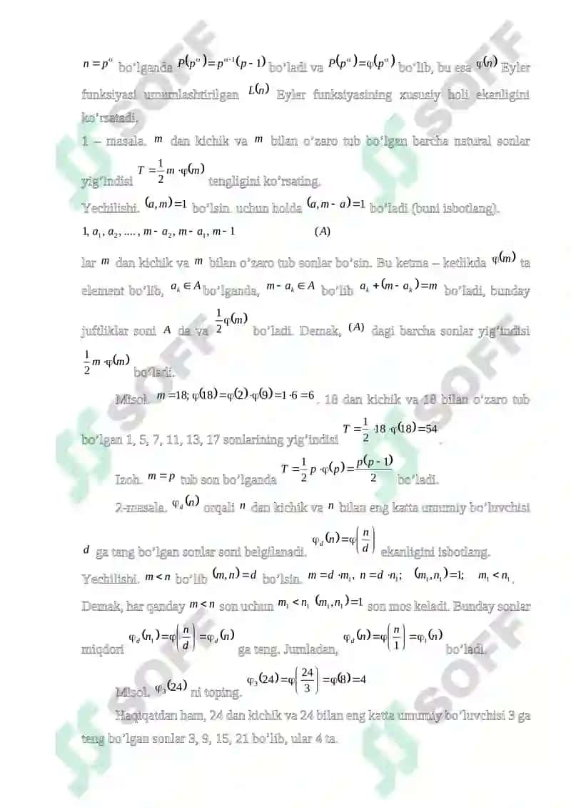Multiplikativ funksiyalar. Eyler va Ferma teoremalari 3
