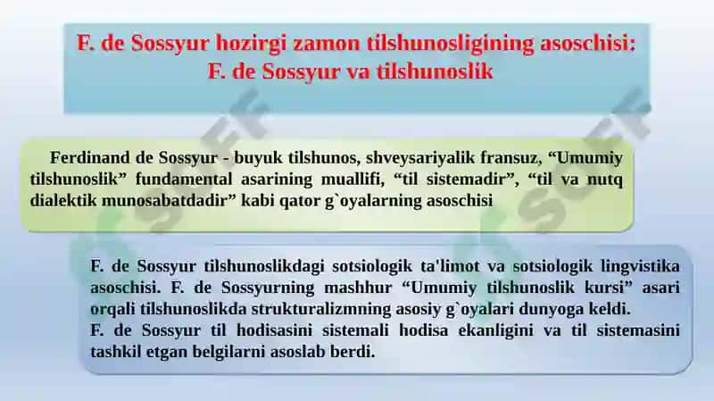 DE SOSSYURNING LINGVISTIK NAZARIYASI. TILSHUNOSLIKDA STRUKTURALIZM. TIL – BELGILAR SISTEMASI SIFATIDA. SEMIOTIKA 3