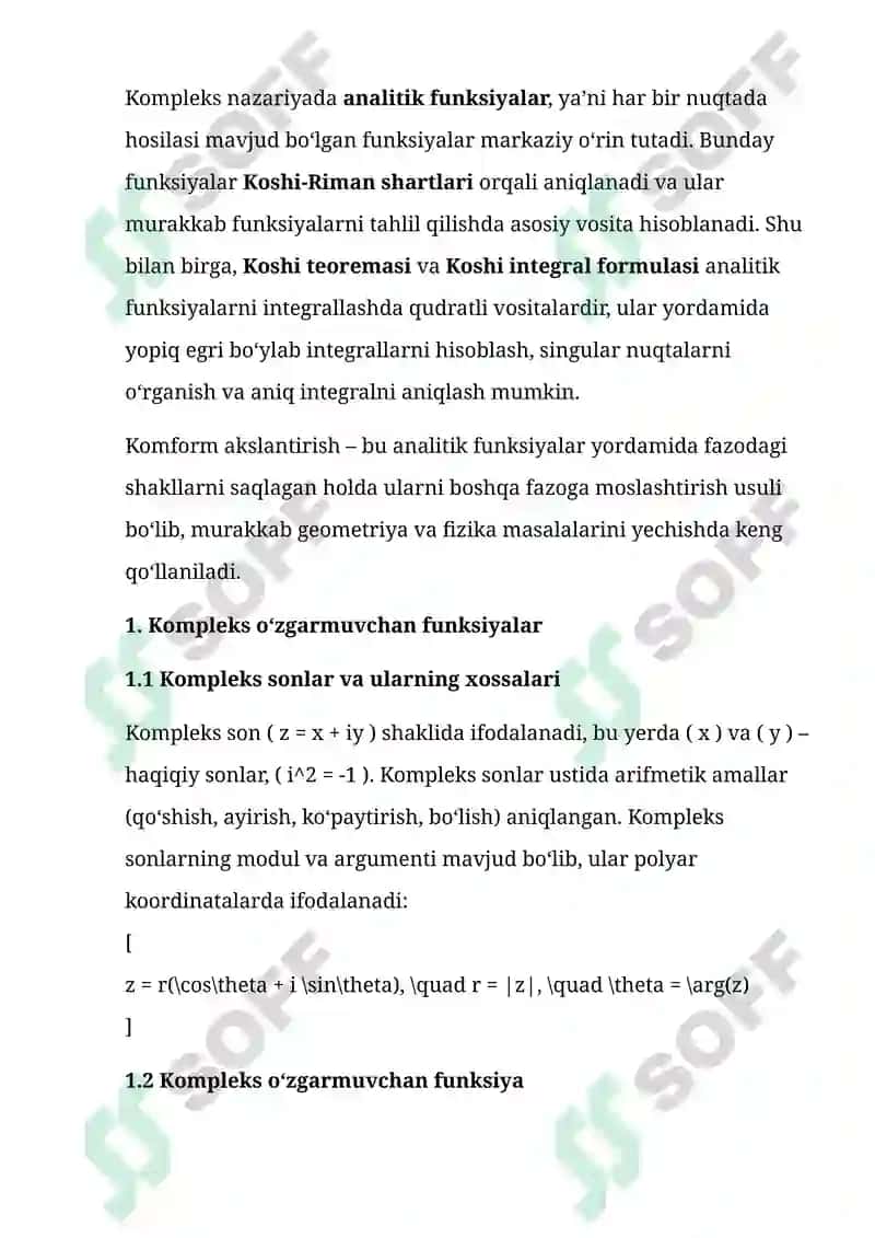 KOMPLEKS O‘ZGARMUVCHAN FUNKSIYALAR, ULARNING INTEGRALLARI VA KOSHI TEOREMASI 3