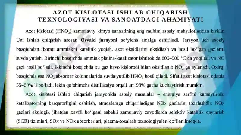 Azot kislota, o'g'it, organik va neftdan kimyoviy sintez mahsulotlarini ishlab chiqarish 3