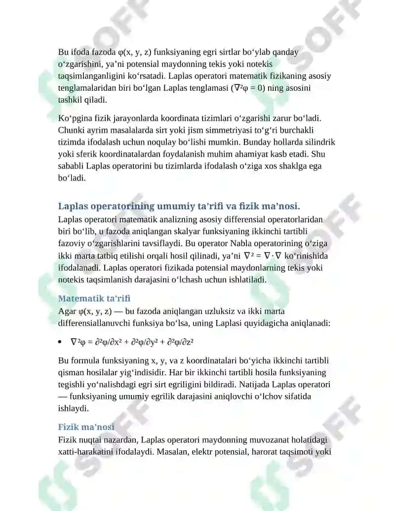 Laplas operatorining silindrik va sferik koordinatalarda ifodalanishi 3