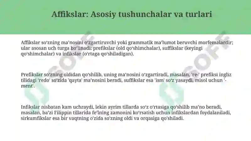 Affikslar: Asosiy tushunchalar va turlari 3