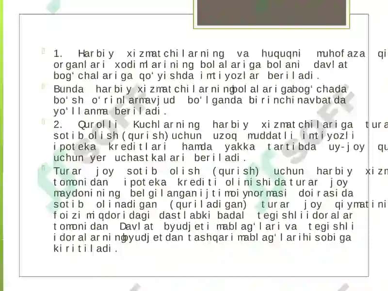 Harbiy xizmatchilar va ularning oila a’zolariga davlat ta’minoti va ularga beriladigan imtiyozlar 3