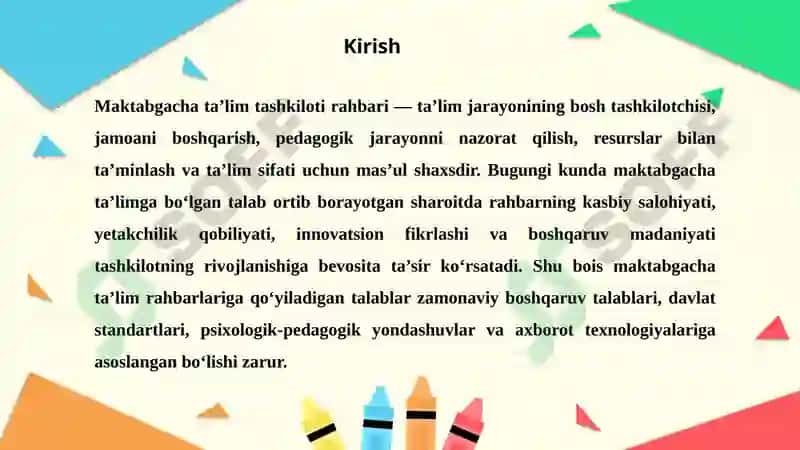 Maktabgacha ta'lim tashkiloti rahbariga qo'yiladigan talablar 3