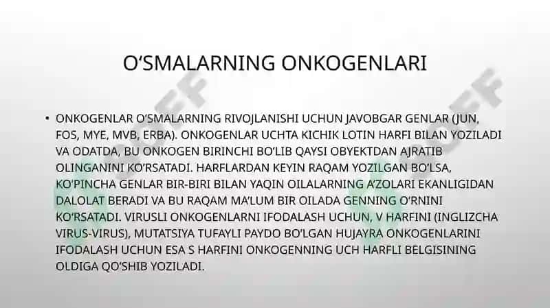 Onkogenez  Oʻsmalarning onkogenlari, protoonkogenlari va suppressor genlar 3