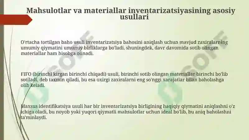 Mahsulotlar va materiallar inventarizatsiyasining asosiy usullari 3