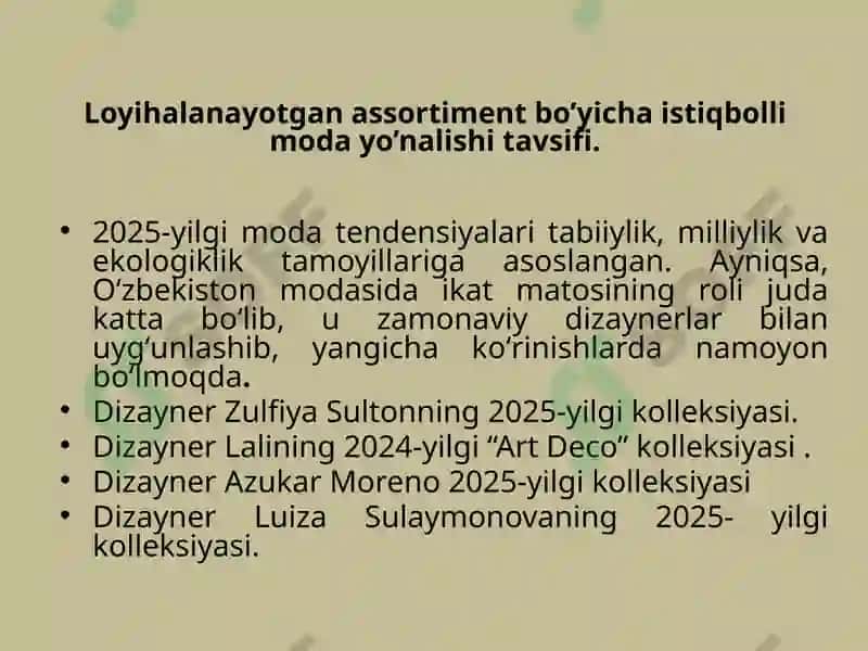 Milliy matolaridan foydalanib ayollar libos dizayn-loyihasini ishlab chiqish 3