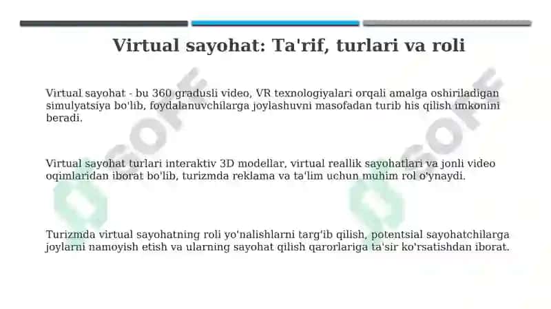 Virtual sayohatlar: Ta'rif, turlari va roli 3