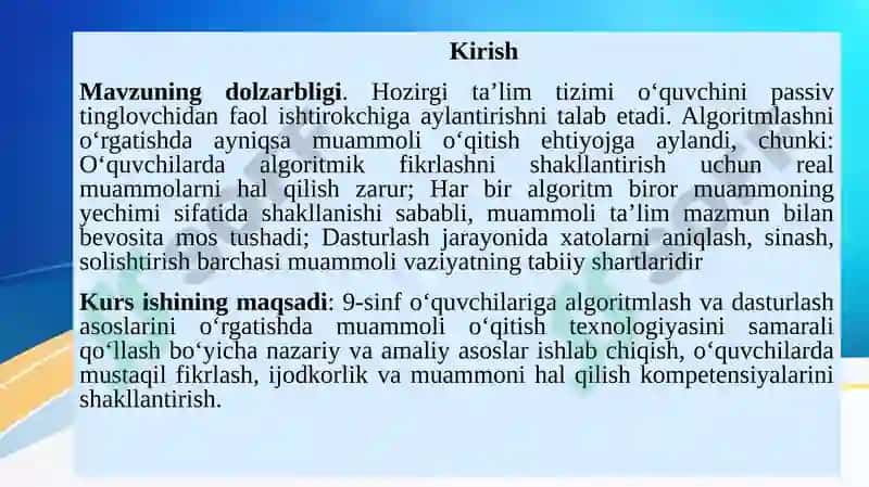 "9-sinfda Algoritmlash va dasturlash asoslari mavzusida muammoli o‘qitishni qo‘llash usullari" 3