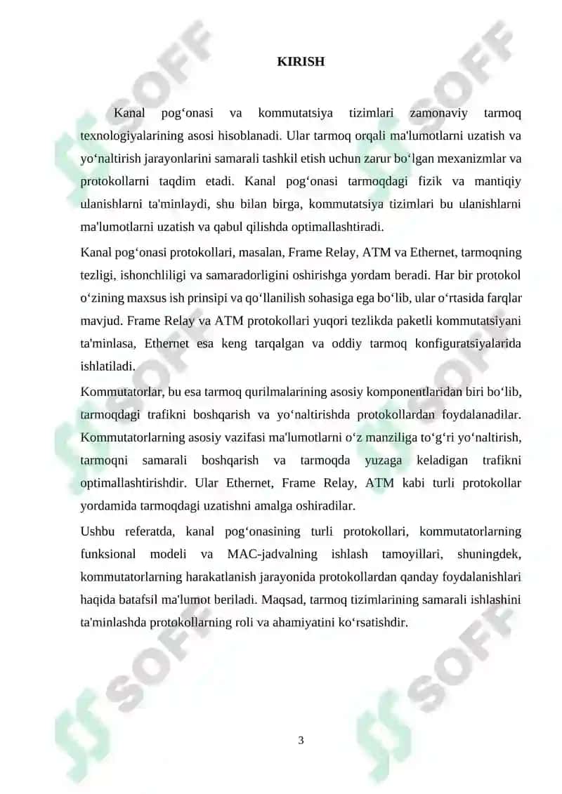Kanal pog‘onasining protokollari (Frame Relay, ATM, Ethernet). Kommutatorning funksional modeli, turlari va MAC-jadvalning ishlash tamoyillari 3