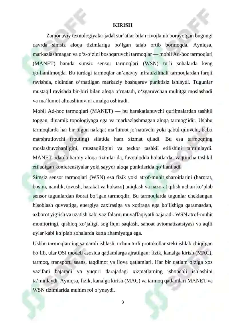 Mobil Ad-hoc tarmoqlari (MANET). Simsiz sensor tarmoqlari uchun protokollar 3