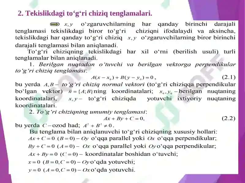 Tekislikda to‘g‘ri chiziq tenglamalari va ularning turlari 3