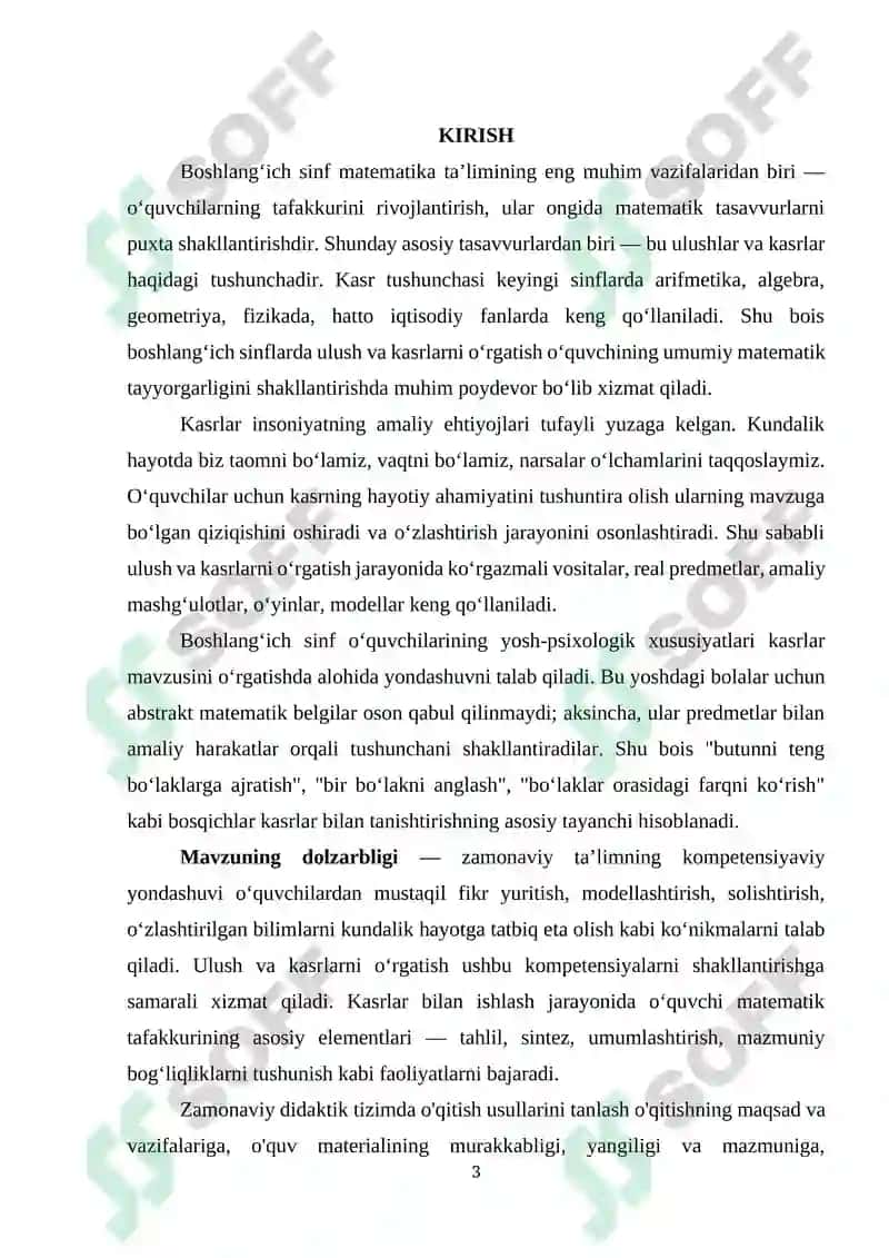 Ulushlar va kasrlar bilan tanishtirish metodikasi (boshlang`ich sinflarda). 3