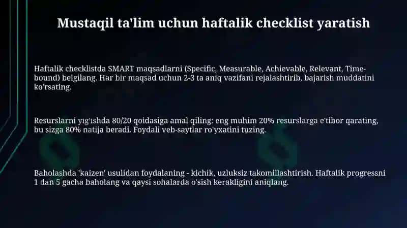 Mustaqil o'rganish uchun haftalik chek list 3