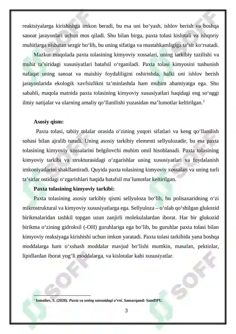 Paxta tolasining kimyoviy xossalari 3