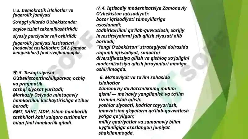 Oʻzbekiston zamonaviy davlatchiligi xususiyatlarini nimada ko’rasiz 3