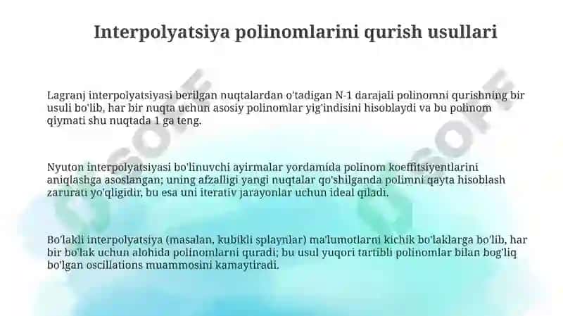 Interpolyatsion ko`phadlar qurishni ayrim usullari va ularning tadbiqlari 3