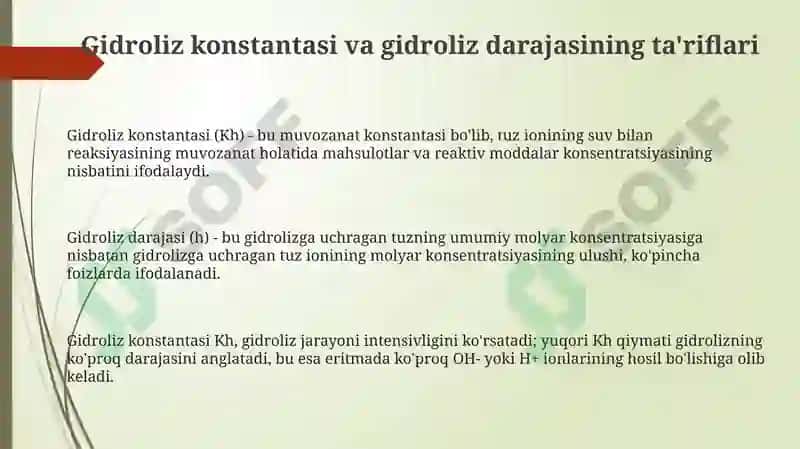 Gidroliz konstantasi va gidroliz darajasinihisoblash 3