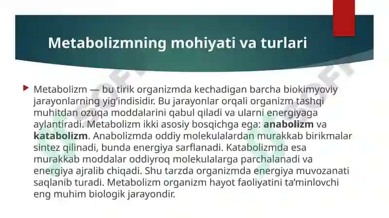 Metabalizm jarayonida energiya hosil bo’lishi va sarflanishi 3