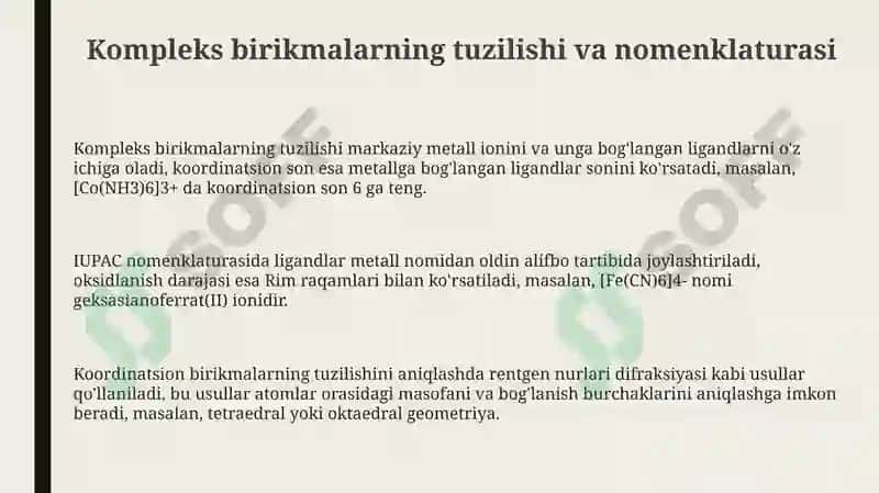Kompleks birikmalarning kimyosini olinishi 3