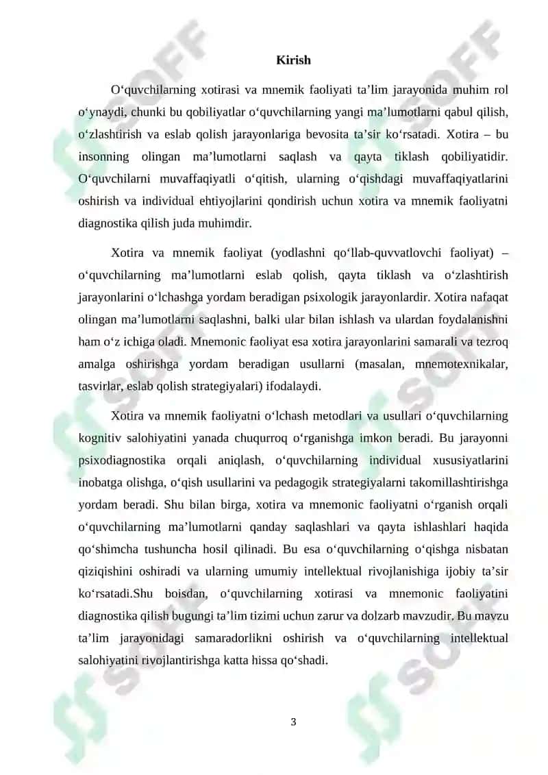 O‘QUVCHILARNING XOTIRASI VA MNEMIK FAOLIYAT DIAGNOSTIKASI 3