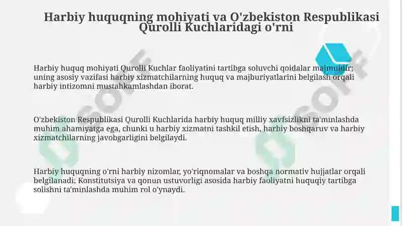 Harbiy Huquqning O‘zbekiston Respublikasi Qurolli Kuchlaridagi Ijtimoiy roli 3