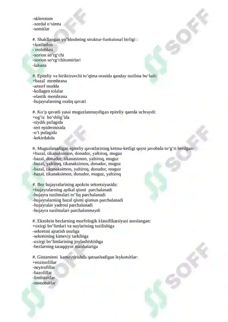 GISTOLOGIYA, SITOLOGIYA, EMBRIOLOGIYA FANIDAN SINOV TEST SAVOLLARI TO’PLAMI 3