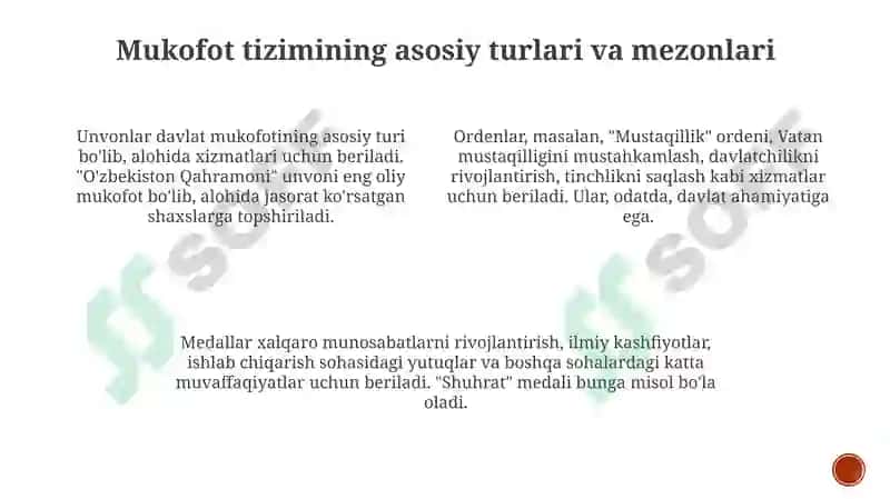 O'zbekiston Respublikasining mukofat tizimi 3