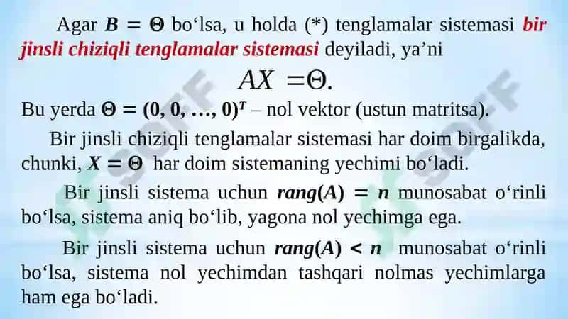 BIR JINSLI CHIZIQLI ALGEBRAIK TENGLAMALAR SISTEMASI 3