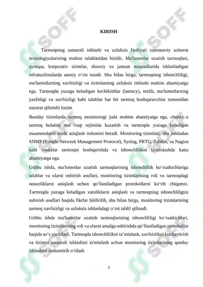 Ma’lumotlar uzatish tarmoqlarining ishonchlilik ko`rsatkichlariga talablar va ularni oshirish usullari. Ma’lumotlar uzatish tarmoqlarida monitoring usullari va protokollari 3