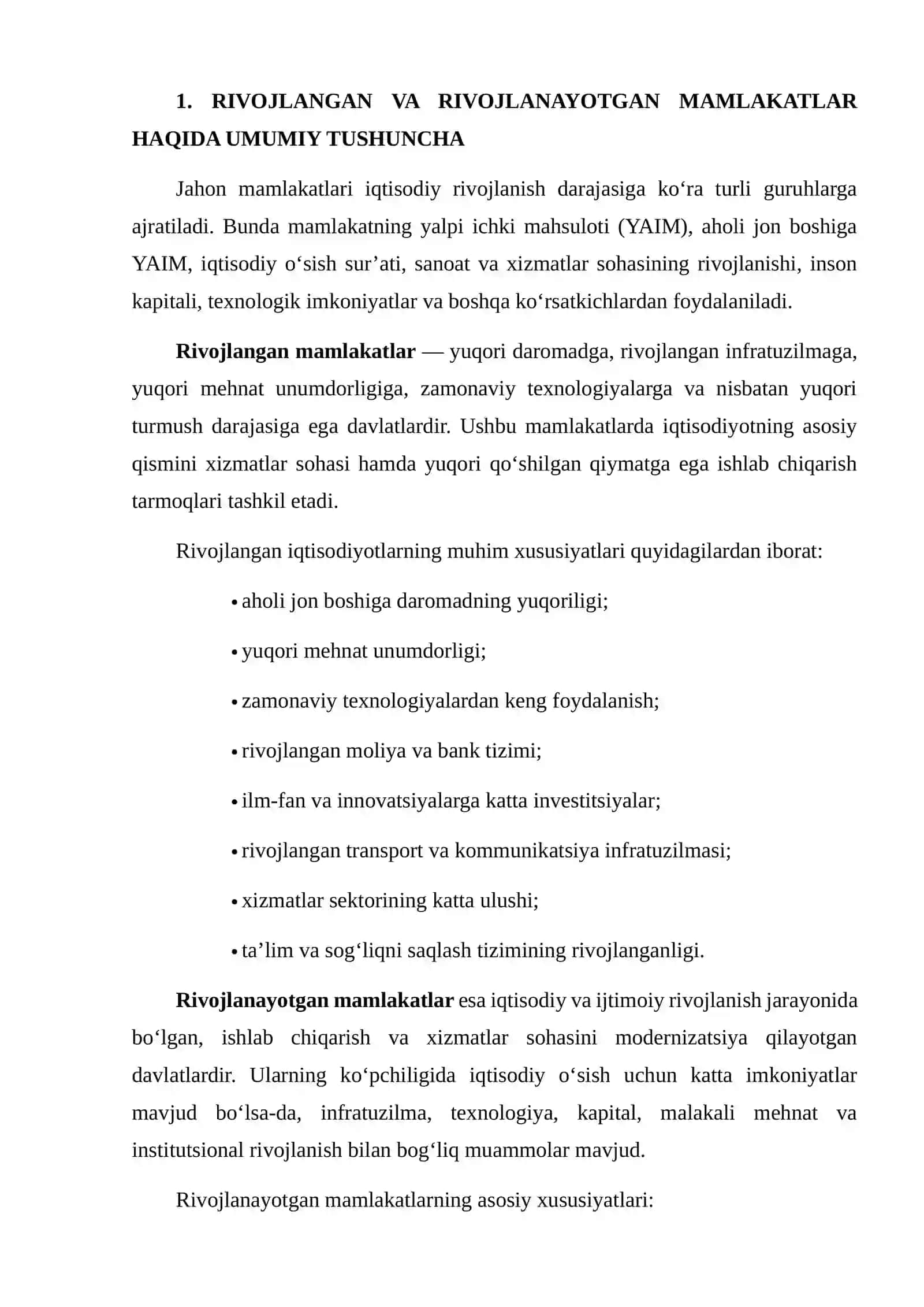 RIVOJLANGAN VA RIVOJLANAYOTGAN MAMLAKATLARNING IQTISODIY KO‘RSATKICHLARINI TAQQOSLASH 3