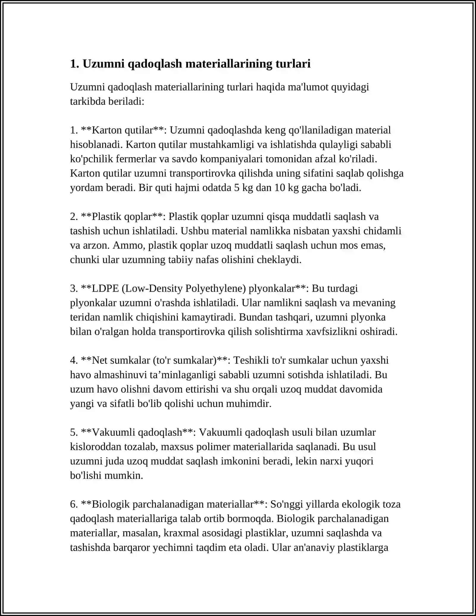 SOVUTGICHLI OMBORDA SIGʻIMIGA MOS HOLDA 38 TONNA UZUMNI JOYLASHTIRISH UCHUN TALAB QILINADIGAN QADOQLASH MATERIALLARI TURI VA MIQDORINI HISOBLASH 3