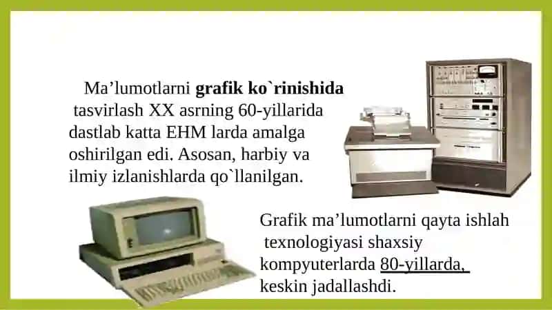 Kompyuter grafikasi tushunchasi.	KG da rang  modellari va tasvirlash usullari 3