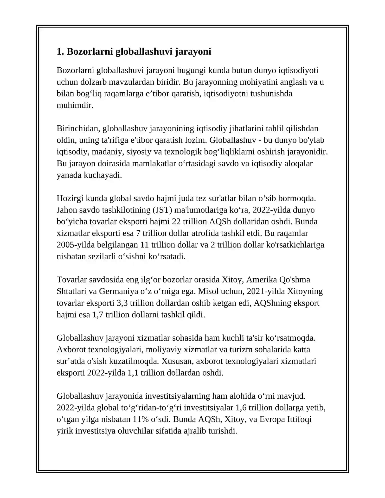 GLOBALLASHUV JARAYONINI RIVOJLANISH YO’NALISHLARI: BOZORLARNI GLOBALLASHUVI VA TOVARLARNI GLOBALLASHUVI 3