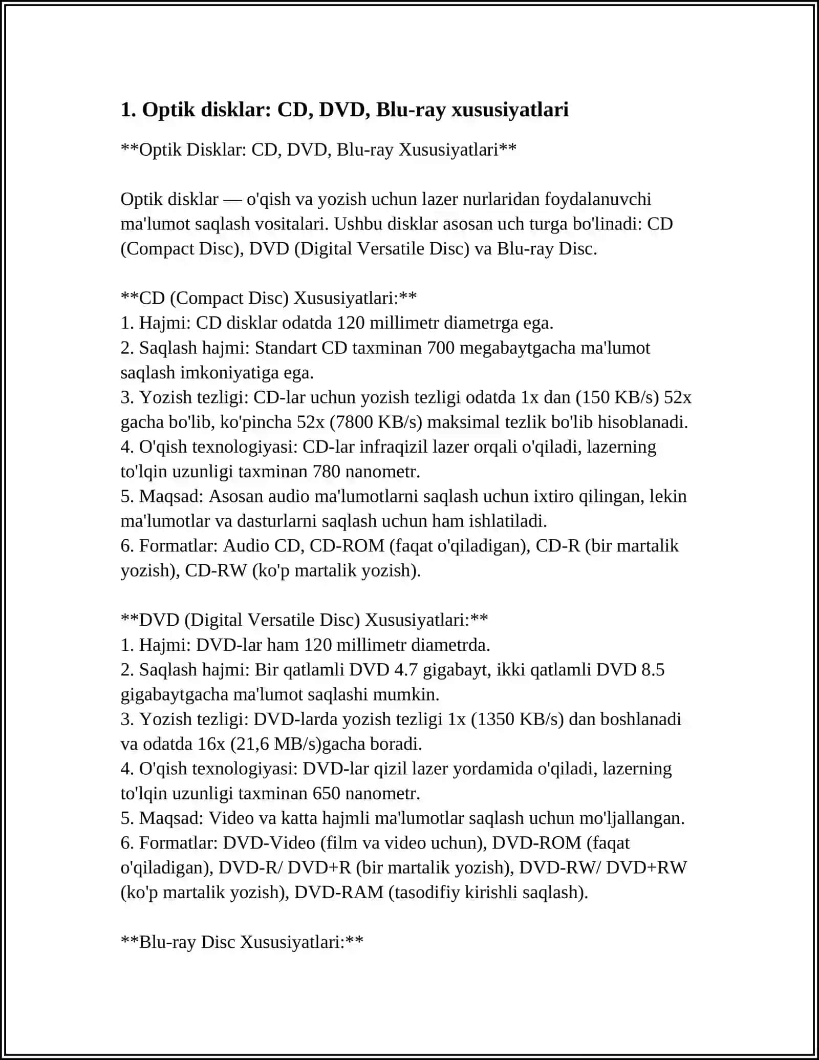 Optik Disklar: CD, DVD, Blu-ray Xususiyatlari 3