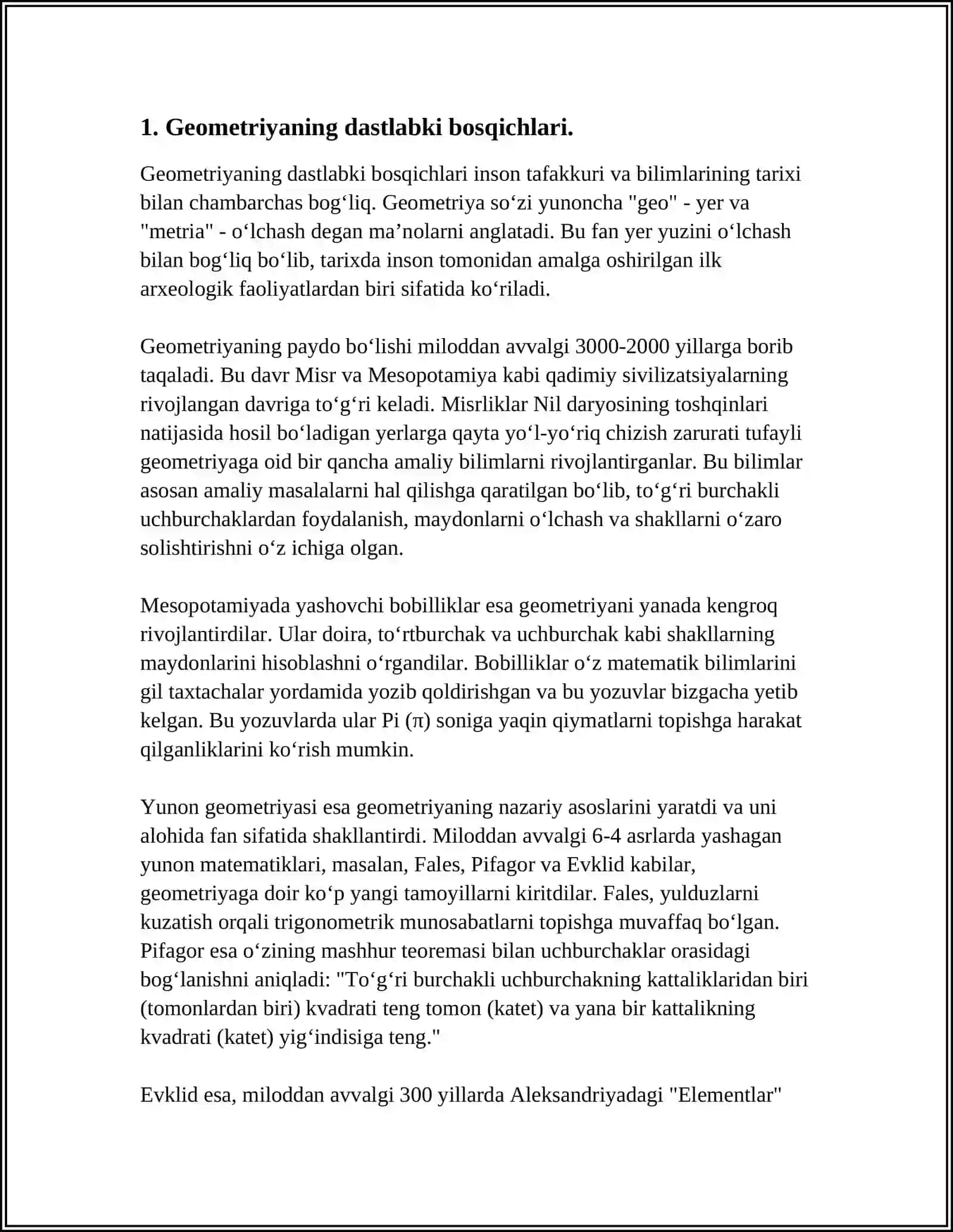 GEOMETRIYA ELEMENTLARI MAVZUSINI OʻRGANISHDA TARIXIY MATERIALLARDAN FOYDALANISH.GEOMETRIYANING PAYDO BOLISH TARIXINI OCHIB BERISH 3