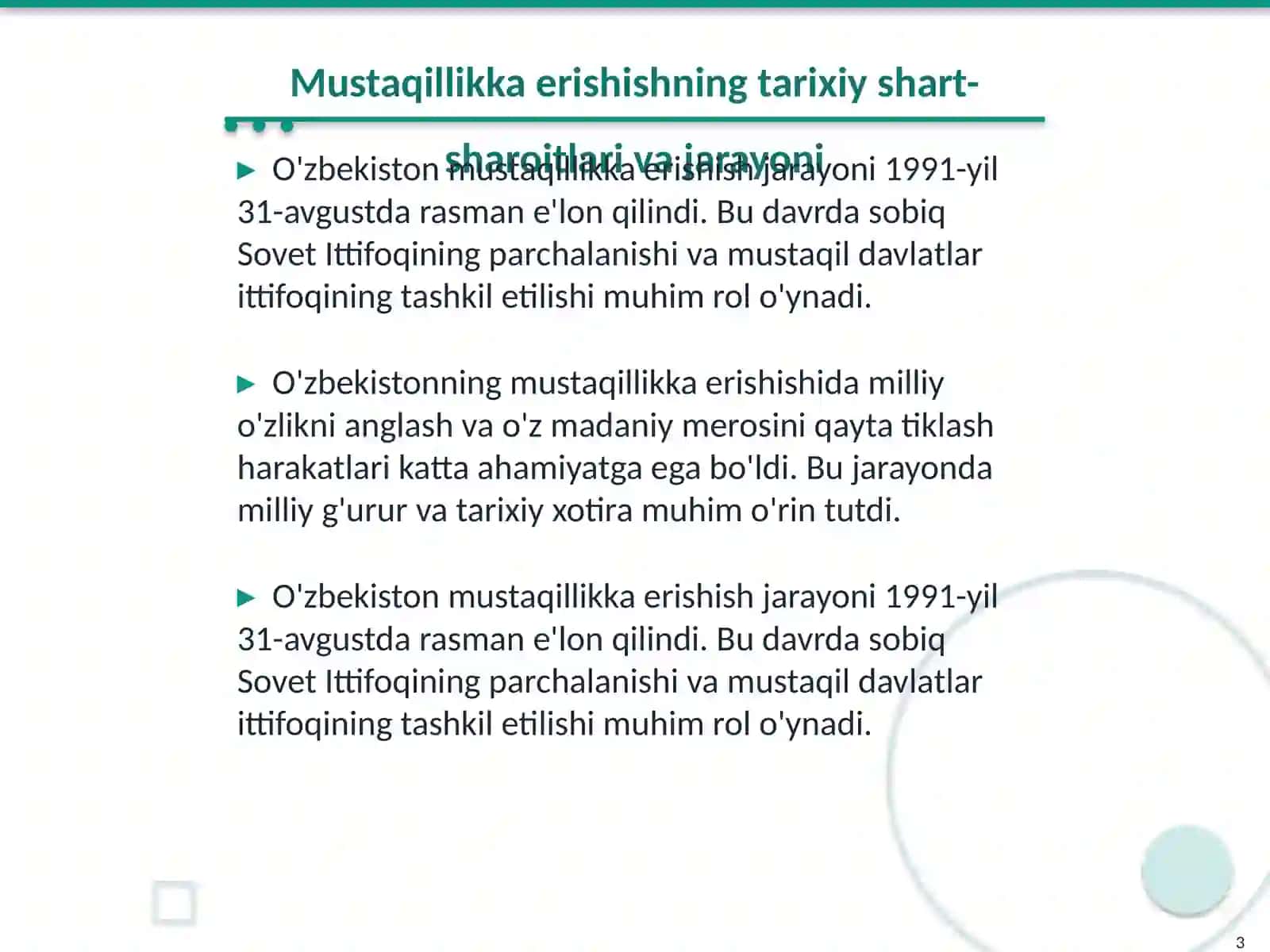 Mustaqil O'zbekiston Respublikasi tashkil topishining tarixiy ahamiyati 3