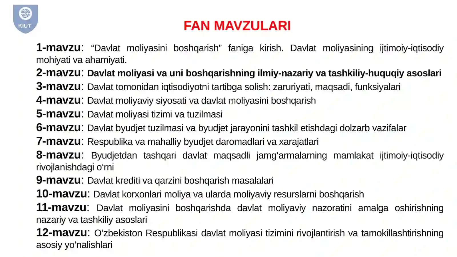 DAVLAT MOLIYASI FANI BO’YICHAO’QUV KURSINING SILLABUSI 3