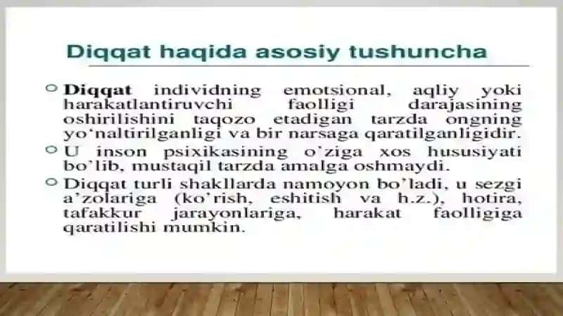 Diqqat.                Reja:1. Diqqat haqida tushuncha.2. Diqqatning fiziologik asoslari.3. Diqqatning turlari 3