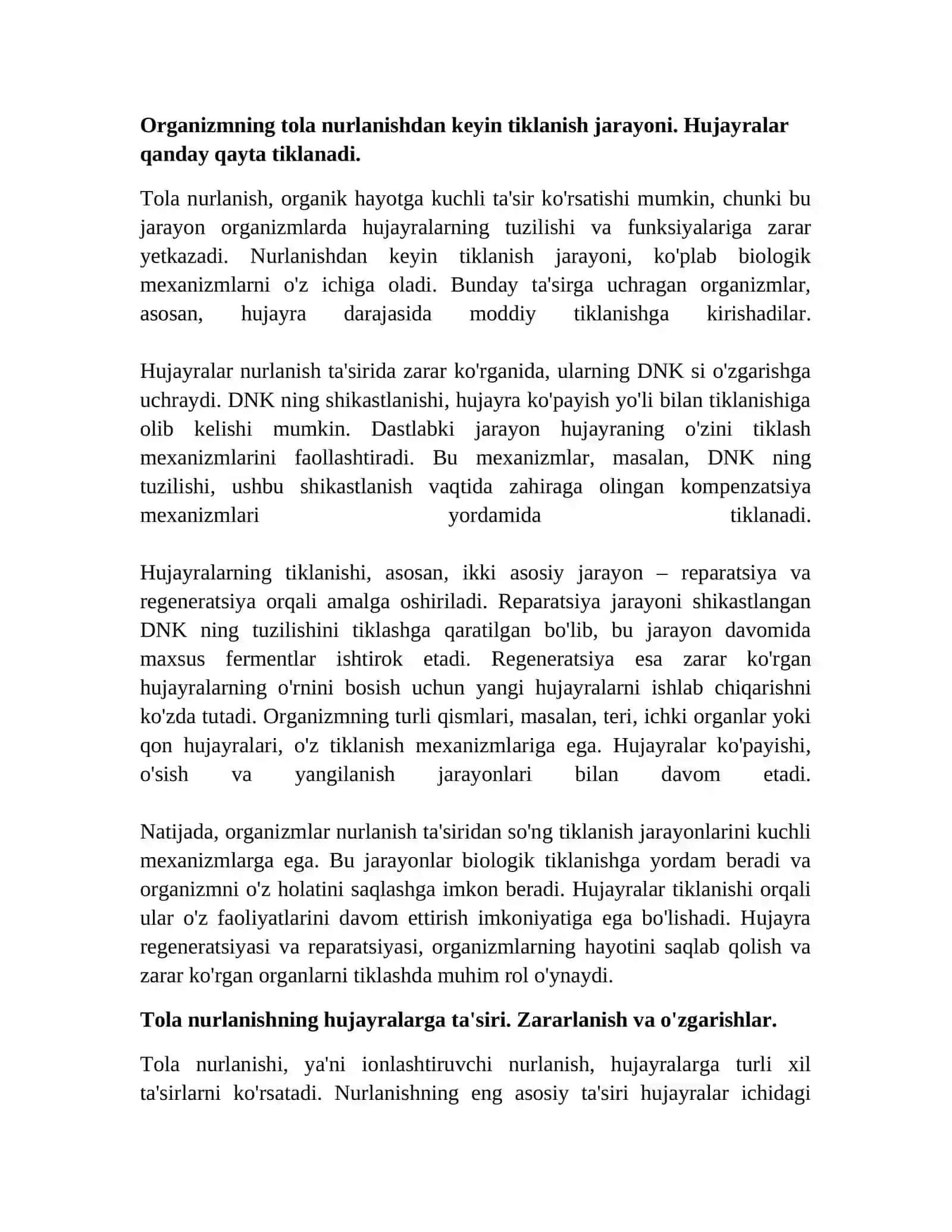 Organizmning tola nurlanishdan keyingi tiklanish kinetikasi. Tiklanishning hujayraviy organ va organizm sistemasi 3