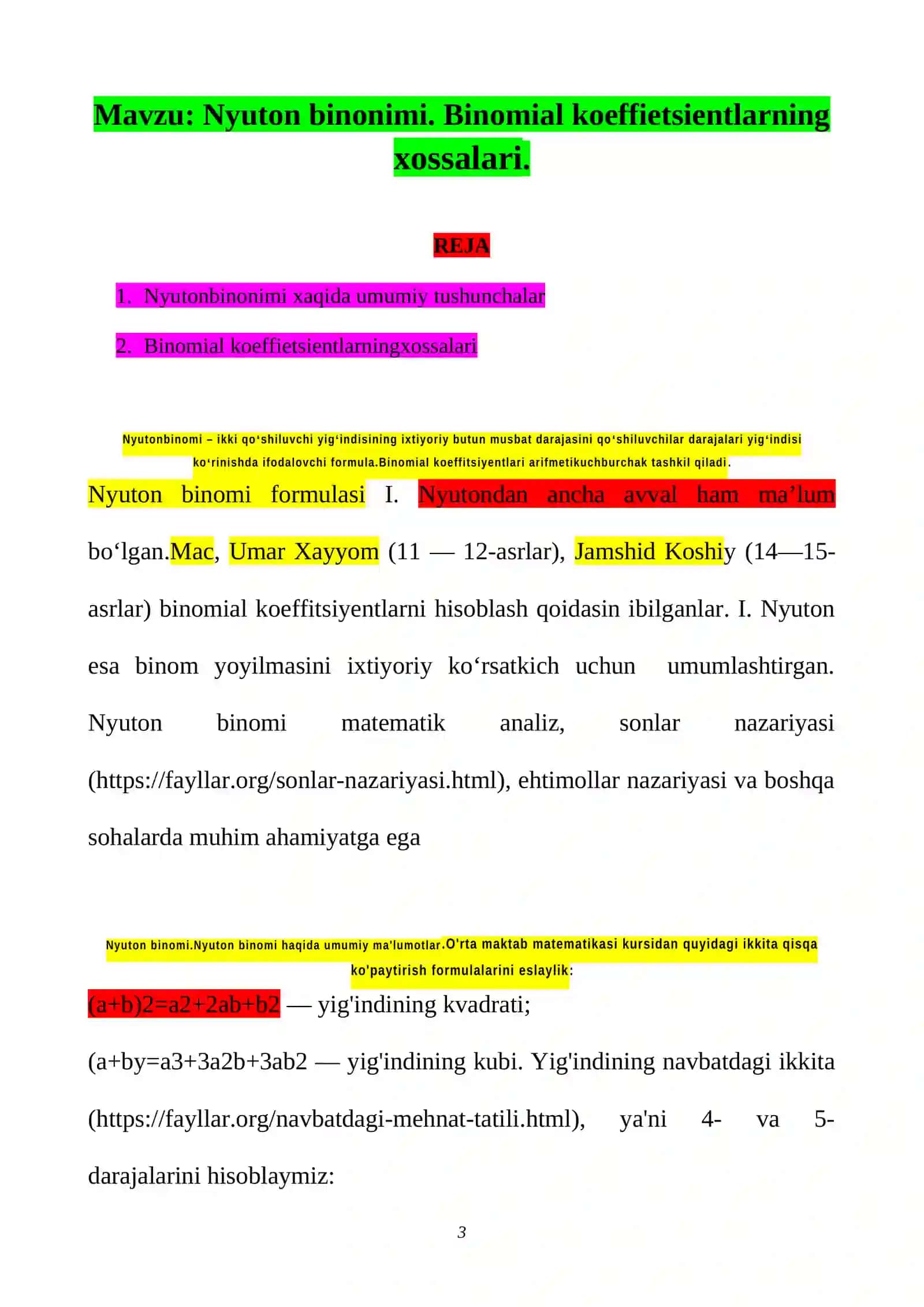 Nyuton binonimi. Binomial koeffietsientlarning xossalari 3