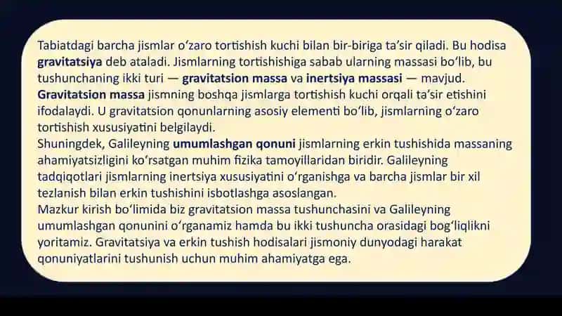 Gravitatsion massava Galileyning umumlashgan qonuni 3